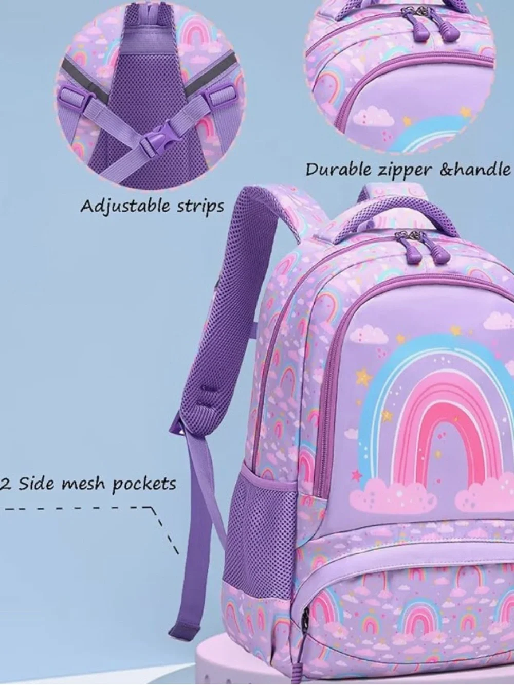 Purple Rainbow Backpack for Girls Unicorn Bookbag School Bag 3 Piece Set
